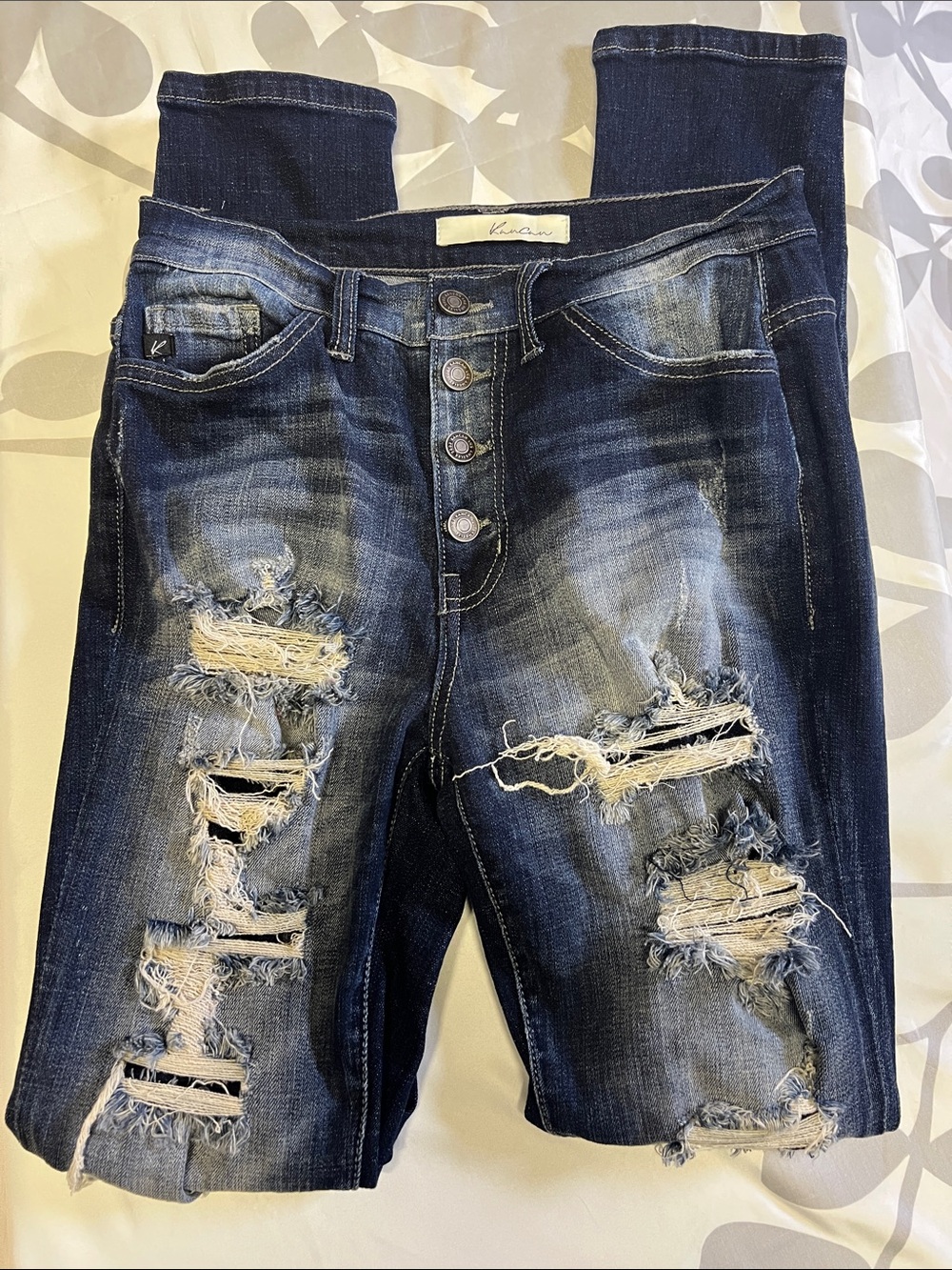 KanCan Distressed Dark Blue Skinny Jeans with Button Fly
